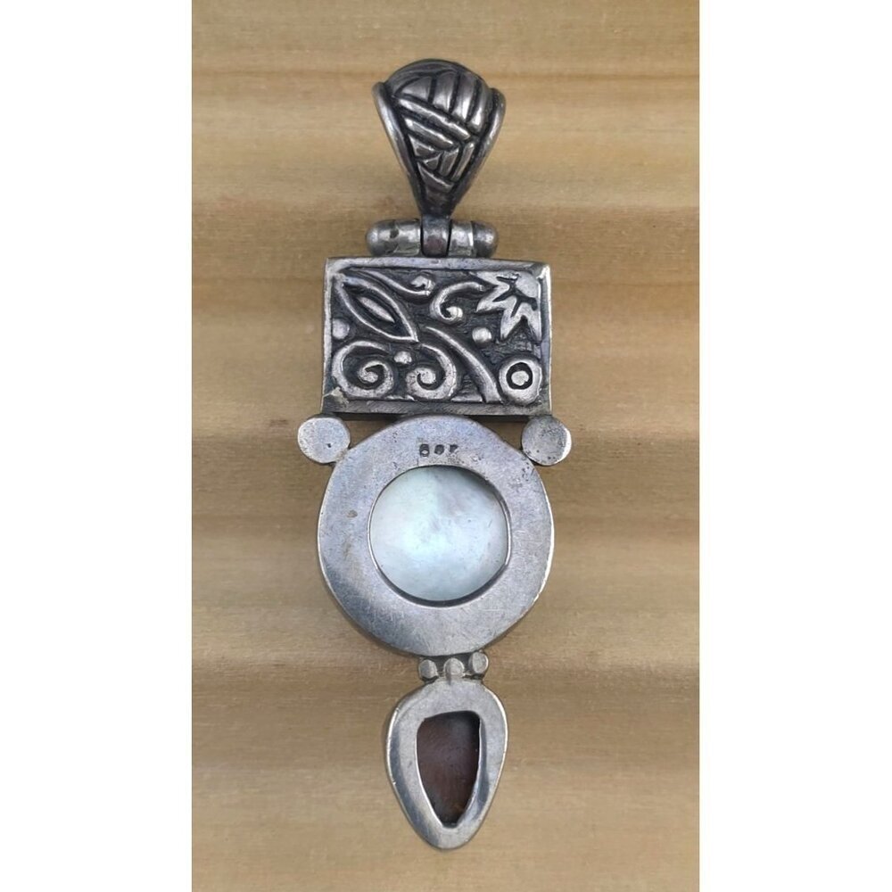 Vintage Sterling Silver Pendant Blue Pearl & Opal Artisan Intricate Engravings - Picture 2 of 8